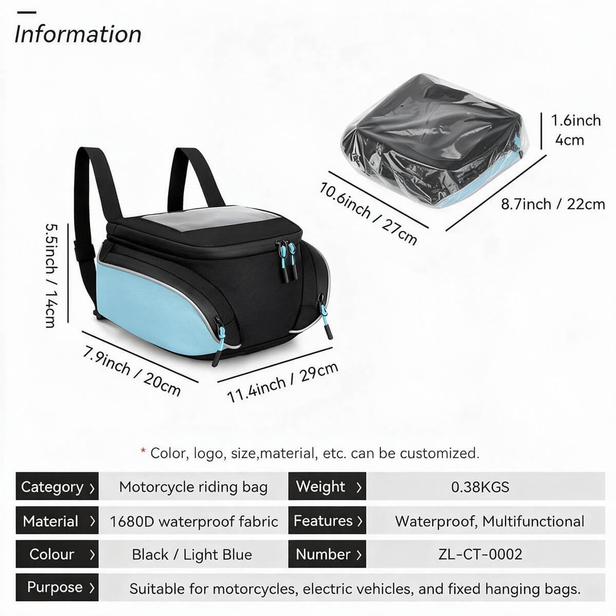 Magnetic Motorcycle Tank Bag Specifications & Dimensions - Fmosbag - Oem Bag Manufacturer & Custom Bag Factory Magnetic Motorcycle Tank Bag Size Chart 29 X 20 X 14cm 0.38kg 1680d Waterproof Zl-ct-0002 - Fmosbag - Oem Bag Manufacturer & Custom Bag Factory