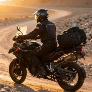 Adv Motorcycle Touring Luggage for Gravel Road Trips - Fmosbag - Oem Bag Manufacturer & Custom Bag Factory Adventure Motorcycle Touring Luggage Tail Bag and Side Bags on Gravel Road at Sunset - Fmosbag - Oem Bag Manufacturer & Custom Bag Factory