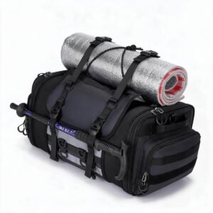 Motorcycle Luggage Bags Black Expandable Travel Backpack with Sleeping Mat and Trekking Poles Strapped on Top - Fmosbag - Oem Bag Manufacturer & Custom Bag Factory