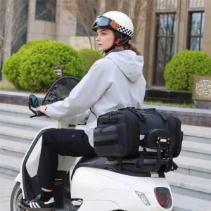 Motorcycle Luggage Bags Installed on White Scooter Rear Seat Female Rider with Helmet City Commuting - Fmosbag - Oem Bag Manufacturer & Custom Bag Factory