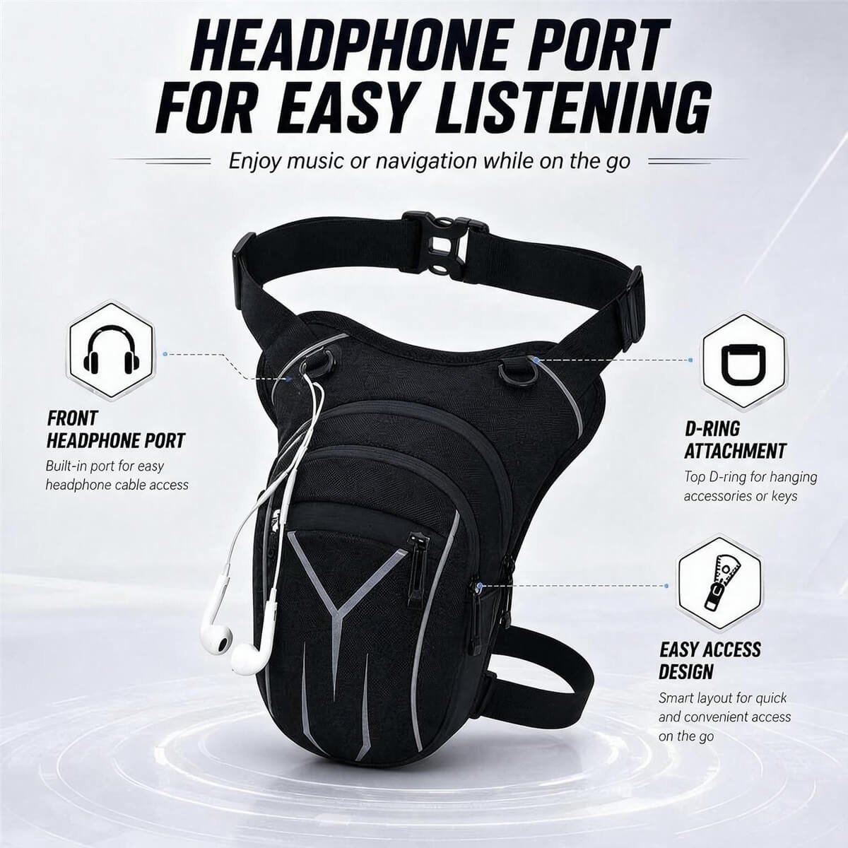 Riding Leg Pouch with Headphone Port and D-ring - Fmosbag - Oem Bag Manufacturer & Custom Bag Factory Riding Leg Pouch with Front Headphone Cable Port and Top D-ring for Keys - Fmosbag - Oem Bag Manufacturer & Custom Bag Factory