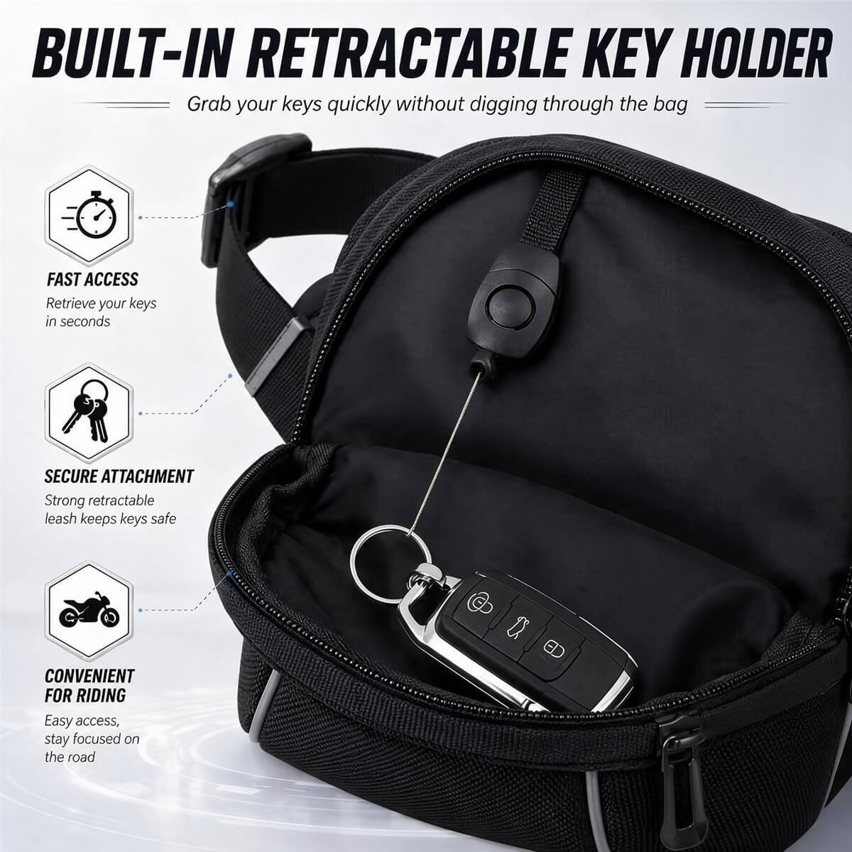 Drop Leg Bag with Built-in Retractable Key Holder - Fmosbag - Oem Bag Manufacturer & Custom Bag Factory Drop Leg Bag Built-in Retractable Key Holder Leash with Motorcycle Remote Key - Fmosbag - Oem Bag Manufacturer & Custom Bag Factory