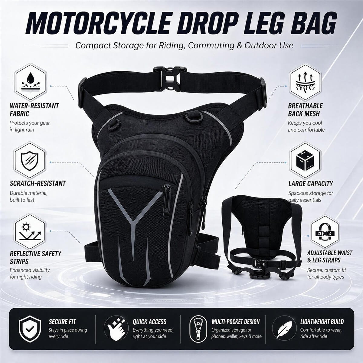 Motorcycle Drop Leg Bag Features Overview - Fmosbag - Oem Bag Manufacturer & Custom Bag Factory Motorcycle Drop Leg Bag Front and Back View Water-resistant Breathable Reflective Features Overview - Fmosbag - Oem Bag Manufacturer & Custom Bag Factory