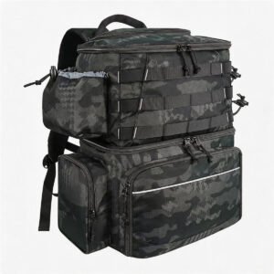 Cooler Fishing Backpack Dual Compartment Front View - Fmosbag - Oem Bag Manufacturer & Custom Bag Factory Cooler Fishing Backpack in Black Camo, Dual Compartment Upper Tackle and Lower Insulated Cooler, Molle Webbing, Side Bottle Pocket, Two-way Zippers, Top Handle - Fmosbag - Oem Bag Manufacturer & Custom Bag Factory