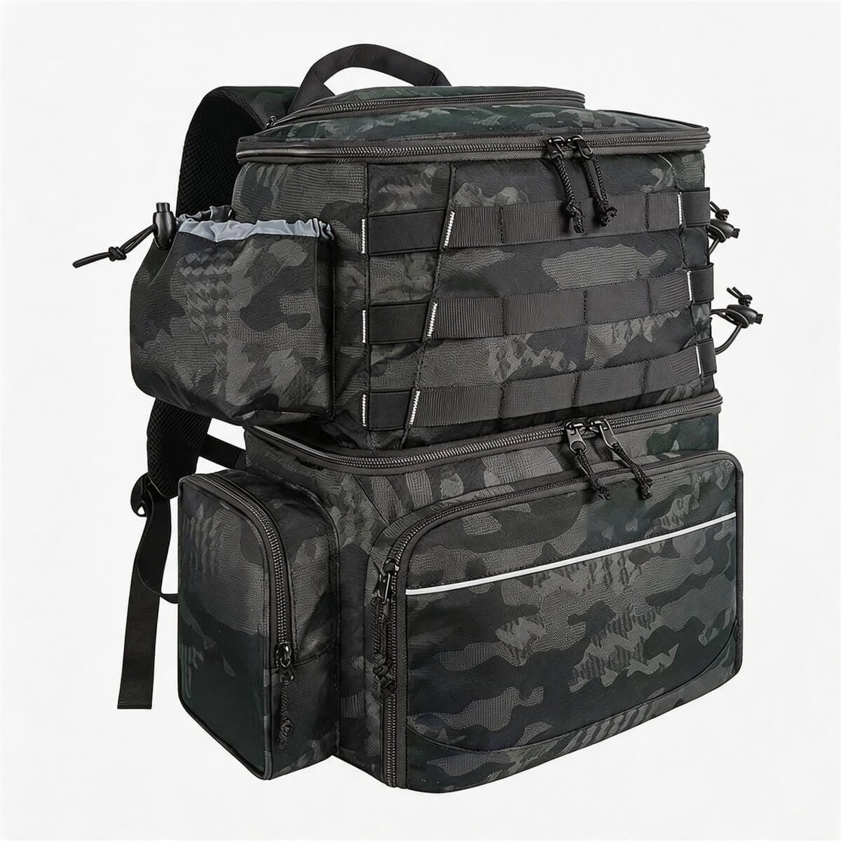 Cooler Fishing Backpack Dual Compartment Front View - Fmosbag - Oem Bag Manufacturer & Custom Bag Factory Cooler Fishing Backpack in Black Camo, Dual Compartment Upper Tackle and Lower Insulated Cooler, Molle Webbing, Side Bottle Pocket, Two-way Zippers, Top Handle - Fmosbag - Oem Bag Manufacturer & Custom Bag Factory
