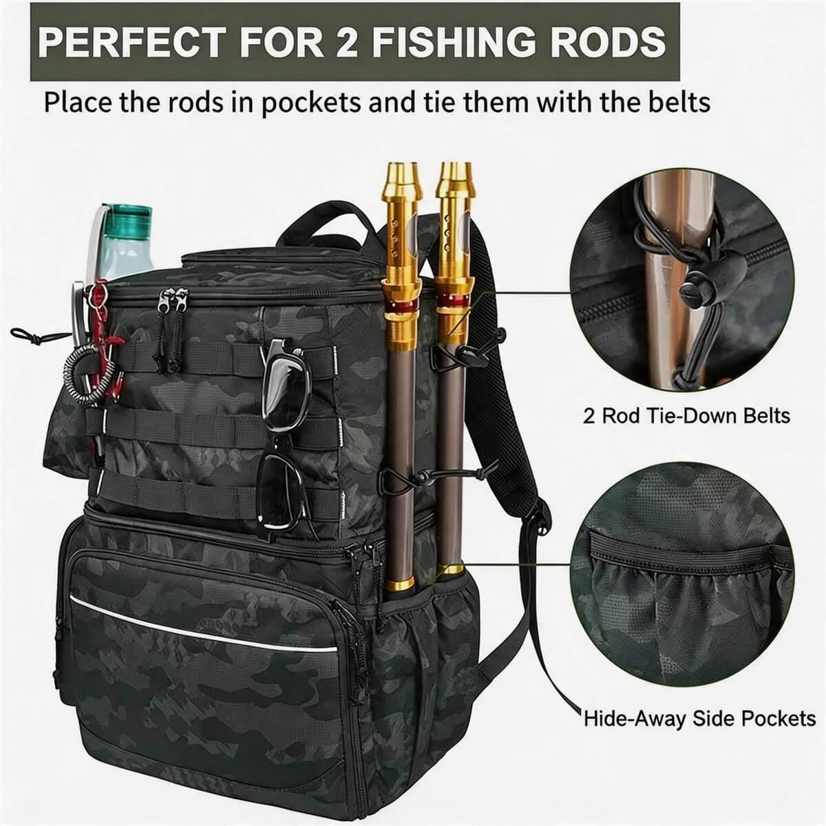 Fishing Backpack with 2 Rod Holders - Fmosbag - Oem Bag Manufacturer & Custom Bag Factory Fishing Backpack with Rod Holders, 2 Rod Tie-down Belts, Hide-away Side Pockets, Black Camo, Molle Webbing, Sunglasses and Pliers Attached - Fmosbag - Oem Bag Manufacturer & Custom Bag Factory