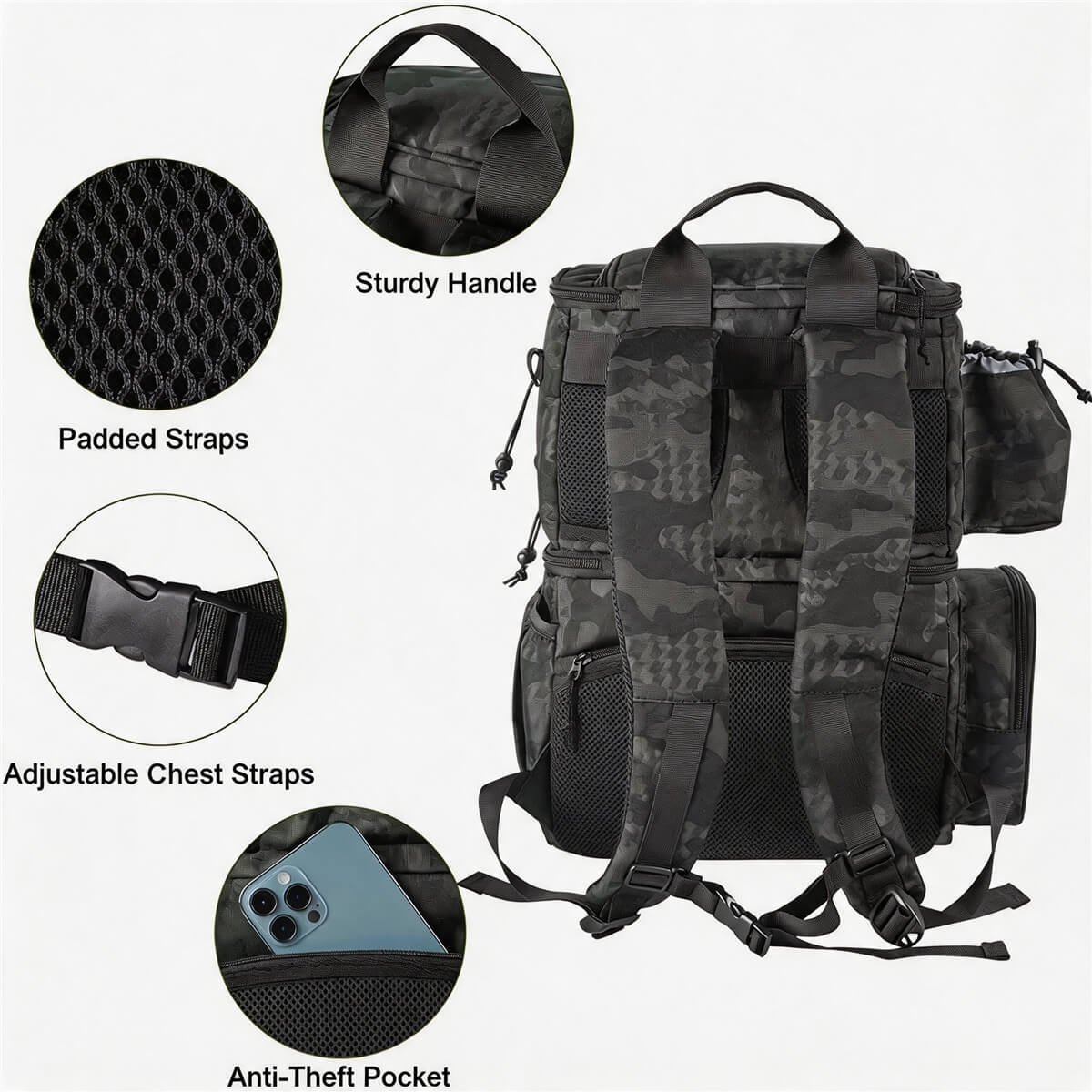 Padded Fishing Backpack Back Panel & Straps - Fmosbag - Oem Bag Manufacturer & Custom Bag Factory Padded Fishing Backpack Back Panel, Sturdy Top Handle, Padded Shoulder Straps, Adjustable Chest Straps, Anti-theft Back Pocket with Phone, Black Camo - Fmosbag - Oem Bag Manufacturer & Custom Bag Factory