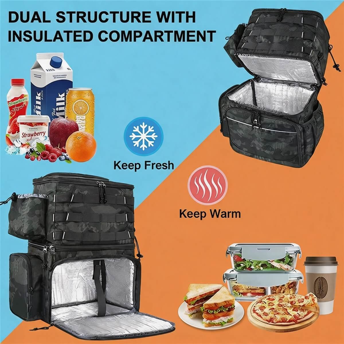 Fishing Backpack with Cooler Keep Fresh & Warm - Fmosbag - Oem Bag Manufacturer & Custom Bag Factory Fishing Backpack with Cooler Dual Structure, Insulated Aluminum Foil Compartment Keeps Food Fresh and Warm, Milk Juice Fruit and Sandwich Pizza Coffee - Fmosbag - Oem Bag Manufacturer & Custom Bag Factory