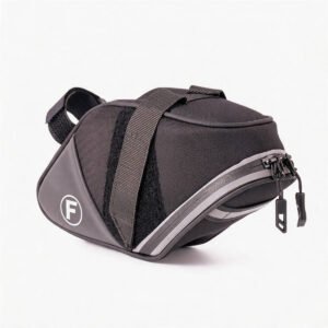 E Bike Saddle Bags Black Hard Shell Wedge Seat Pack, 3d Molded Eva Shell with 600d Polyester, White F Logo, Gray Hook-and-loop Strap, Reflective Strip, Double Zipper Pulls, White Background - Fmosbag - Oem Bag Manufacturer & Custom Bag Factory
