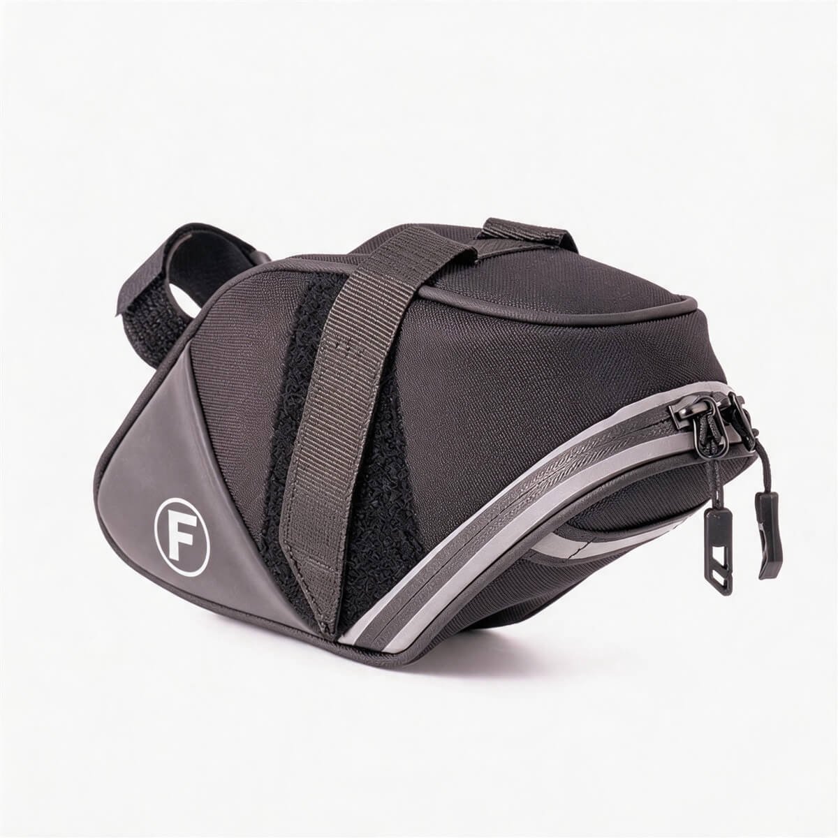 E Bike Saddle Bags Black Hard Shell Wedge Pack - Fmosbag - Oem Bag Manufacturer & Custom Bag Factory E Bike Saddle Bags Black Hard Shell Wedge Seat Pack, 3d Molded Eva Shell with 600d Polyester, White F Logo, Gray Hook-and-loop Strap, Reflective Strip, Double Zipper Pulls, White Background - Fmosbag - Oem Bag Manufacturer & Custom Bag Factory