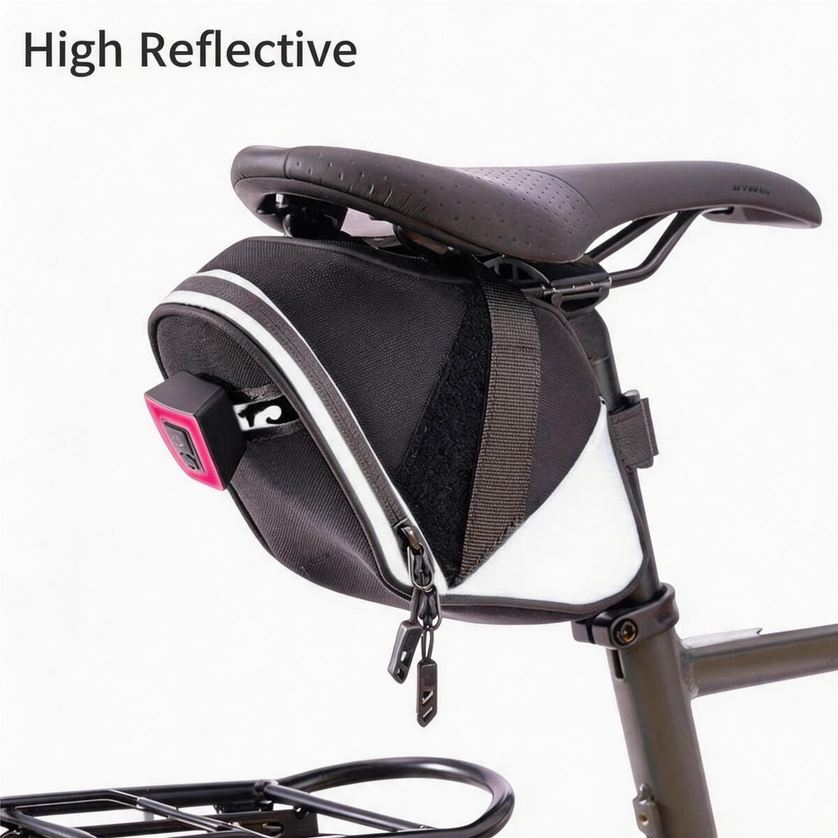 High Reflective Electric Bike Seat Pack with Tail Light - Fmosbag - Oem Bag Manufacturer & Custom Bag Factory Reflective Electric Bike Seat Pack Mounted Under Black Saddle, White Reflective Strip and Side Panel, Pink Usb Rear Light with Power Button, Double Zipper Pulls, Seat Post and Rear Rack - Fmosbag - Oem Bag Manufacturer & Custom Bag Factory