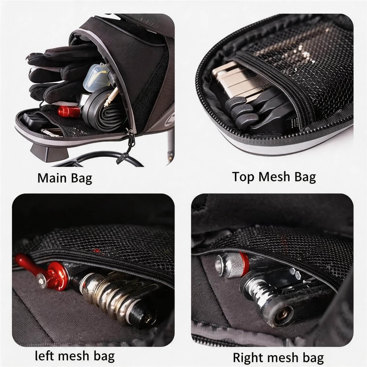 Four-pocket Wedge Bike Seat Pack Storage - Fmosbag - Oem Bag Manufacturer & Custom Bag Factory Wedge Bike Seat Pack Storage Four Panels, Main Bag with Gloves Mini Light Tire Levers Inner Tube, Top Mesh Bag with Multi-tool, Left Mesh Bag with Red Co2 Cartridge, Right Mesh Bag with Silver Co2 - Fmosbag - Oem Bag Manufacturer & Custom Bag Factory