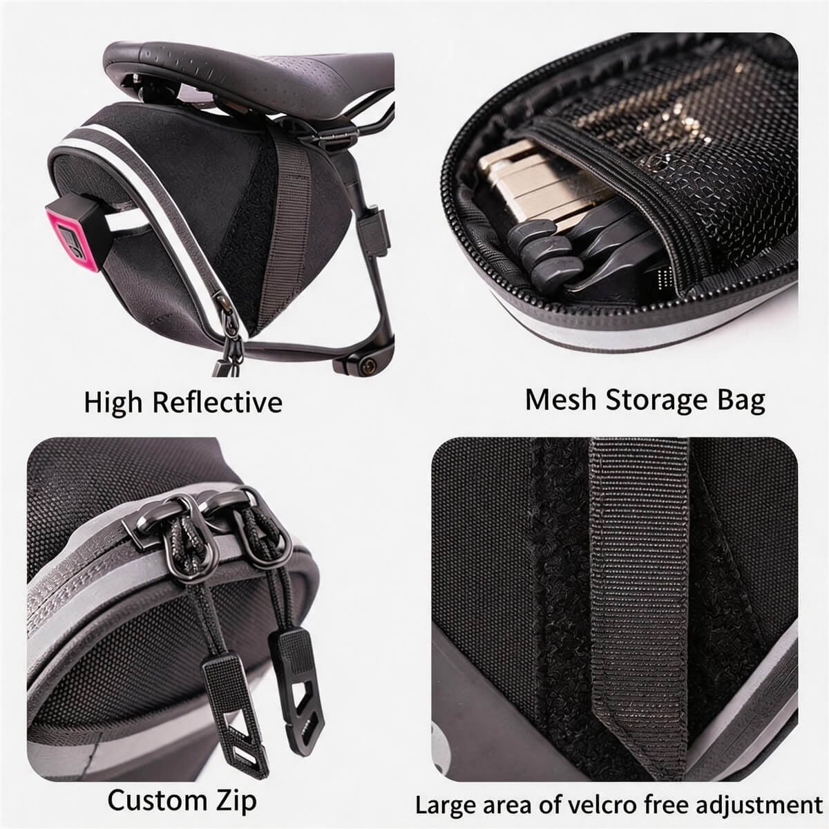 Saddle Bag Zipper and Hook-and-loop Strap Details - Fmosbag - Oem Bag Manufacturer & Custom Bag Factory Bike Saddle Bag Details, High Reflective Mounted Pack, Mesh Storage Bag with Multi-tool, Custom Double Zipper Pulls, Large Adjustable Hook-and-loop Strap - Fmosbag - Oem Bag Manufacturer & Custom Bag Factory