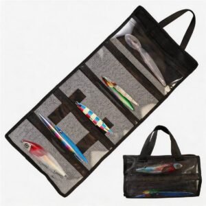 Fishing Tackle Grab Bag Open & Folded - Fmosbag - Oem Bag Manufacturer & Custom Bag Factory Fishing Tackle Grab Bag Open 63cm with 5 Transparent Pvc Slots Holding Lures, Folded 29cm Handbag Version on White Background - Fmosbag - Oem Bag Manufacturer & Custom Bag Factory