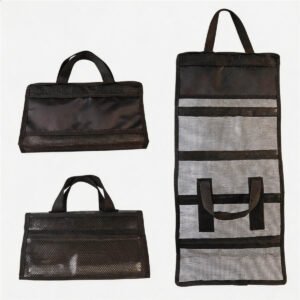 Fishing Tackle Grab Bag Three Views, Folded Black Front, Folded Transparent Mesh Front, Open Back with 5 Pvc Slots and Center Handle - Fmosbag - Oem Bag Manufacturer & Custom Bag Factory