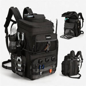 Fishing Backpack with Rod Holder, 55l Black, 900d Oxford, Multiple Zippered Pockets, Molle Webbing, D-rings, Plier Hanging Points, Side Water Bottle Holder, Padded Shoulder Straps - Fmosbag - Oem Bag Manufacturer & Custom Bag Factory