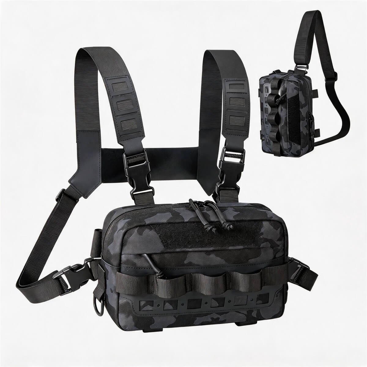 Black Camo Fishing Chest Pack - Fmosbag - Oem Bag Manufacturer & Custom Bag Factory Fishing Chest Pack in Black-grey Camo, Front View with Chest Harness, Molle Webbing and Detachable Sling Strap on White Background - Fmosbag - Oem Bag Manufacturer & Custom Bag Factory