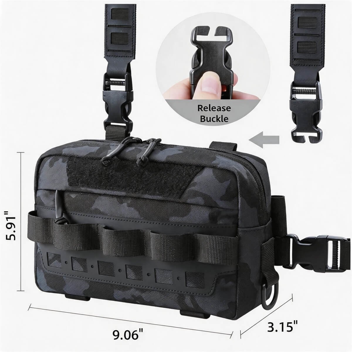 Fishing Chest Pack Size Chart - Fmosbag - Oem Bag Manufacturer & Custom Bag Factory Fishing Chest Pack Dimensions, 9.06in Wide 5.91in Tall 3.15in Deep, Release Buckle, Molle Webbing and Hook-and-loop Panel - Fmosbag - Oem Bag Manufacturer & Custom Bag Factory