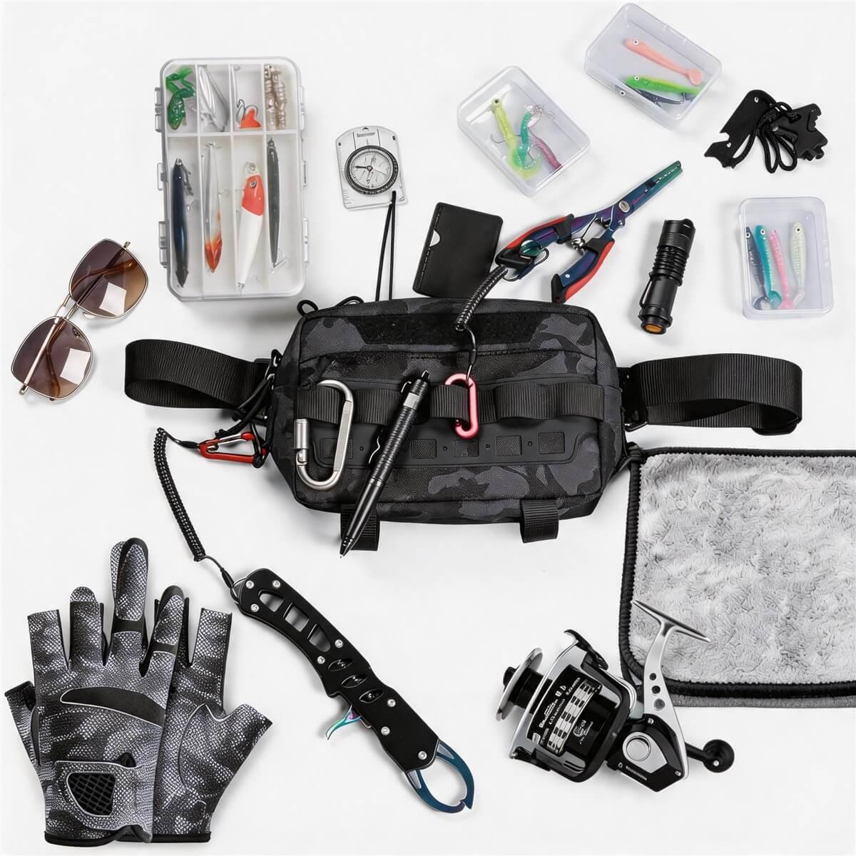 Fishing Chest Bag Gear Flat Lay - Fmosbag - Oem Bag Manufacturer & Custom Bag Factory Fishing Chest Bag Flat Lay with Tackle Boxes, Pliers, Fishing Gloves, Lip Gripper, Spinning Reel, Sunglasses and Compass, Molle Carabiners Attached - Fmosbag - Oem Bag Manufacturer & Custom Bag Factory