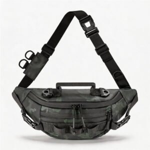 Camo Fishing Waist Pack Front View - Fmosbag - Oem Bag Manufacturer & Custom Bag Factory Fishing Waist Pack in Army Camouflage, Front View with Detachable Sling Strap, Top Handle and Dual D-rings on White Background - Fmosbag - Oem Bag Manufacturer & Custom Bag Factory