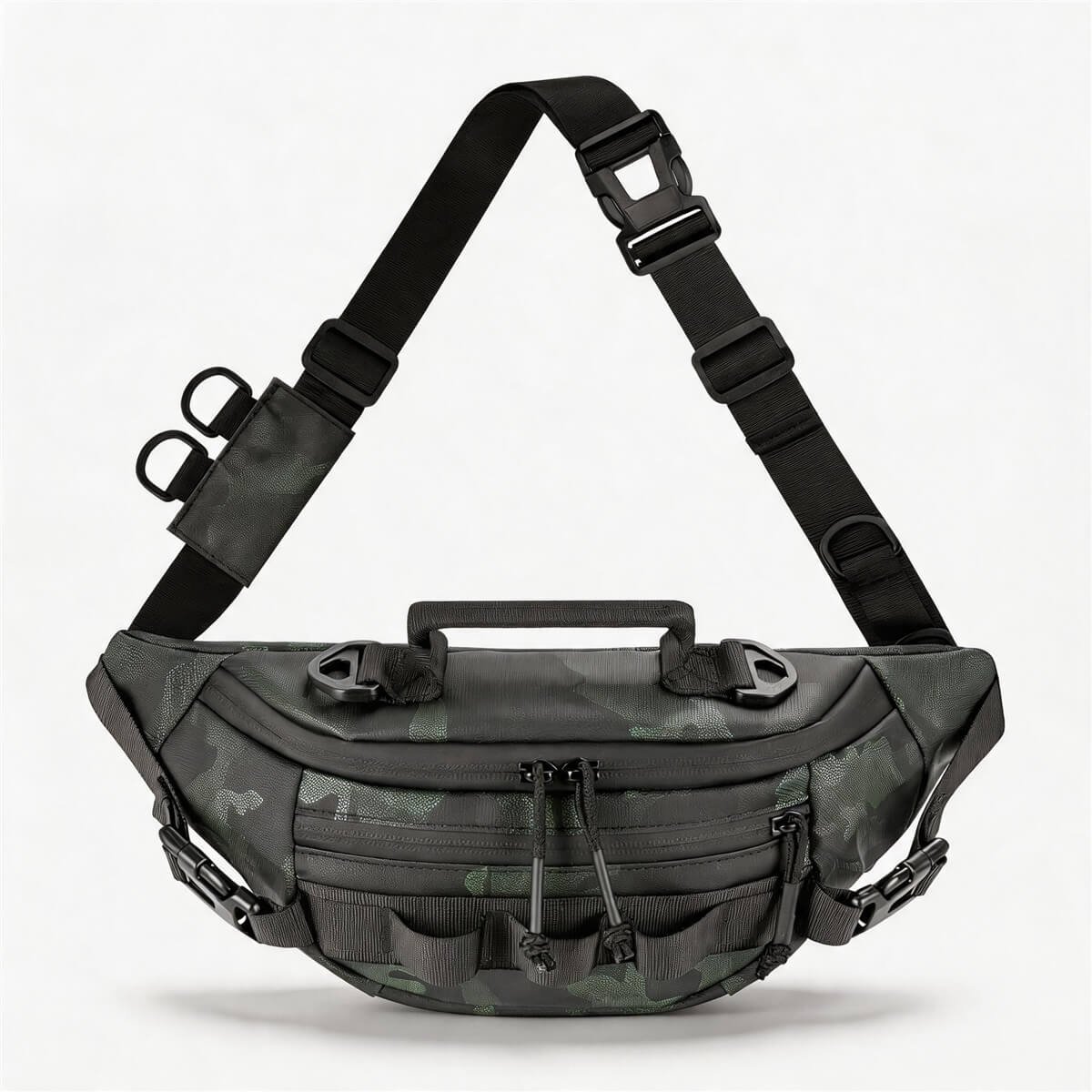 Camo Fishing Waist Pack Front View - Fmosbag - Oem Bag Manufacturer & Custom Bag Factory Fishing Waist Pack in Army Camouflage, Front View with Detachable Sling Strap, Top Handle and Dual D-rings on White Background - Fmosbag - Oem Bag Manufacturer & Custom Bag Factory