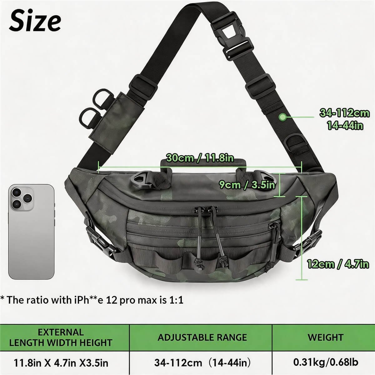 Fishing Waist Pack Size Chart - Fmosbag - Oem Bag Manufacturer & Custom Bag Factory Fishing Waist Pack Dimensions, 30cm Wide 12cm Deep 9cm Tall, Strap 34-112cm, Weight 0.31kg - Fmosbag - Oem Bag Manufacturer & Custom Bag Factory