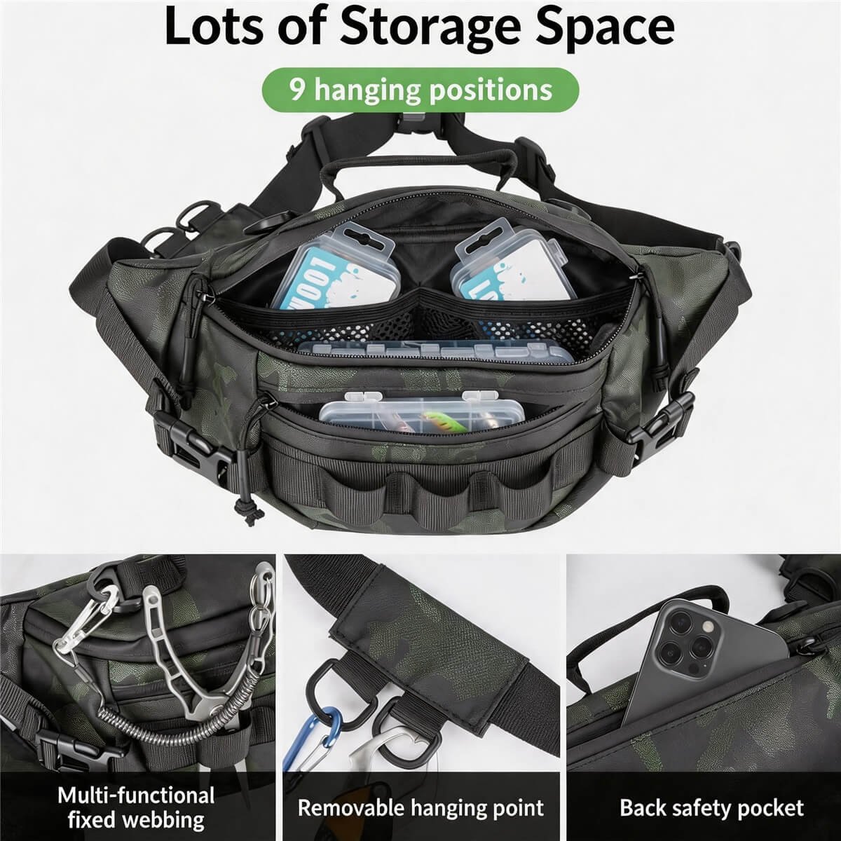 Tackle Fanny Pack Storage Layout - Fmosbag - Oem Bag Manufacturer & Custom Bag Factory Tackle Fanny Pack Open Storage Layout, 9 Hanging Positions, Main Compartment with Two Tackle Boxes and Mesh Pocket - Fmosbag - Oem Bag Manufacturer & Custom Bag Factory