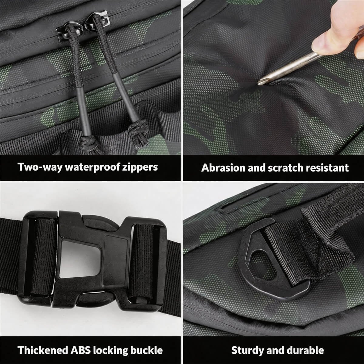 Waterproof Fishing Waist Bag Hardware Details - Fmosbag - Oem Bag Manufacturer & Custom Bag Factory Waterproof Fishing Waist Bag Detail Grid, Two-way Waterproof Zippers, Abrasion Resistant Fabric, Thickened Abs Buckle, Sturdy D-ring - Fmosbag - Oem Bag Manufacturer & Custom Bag Factory