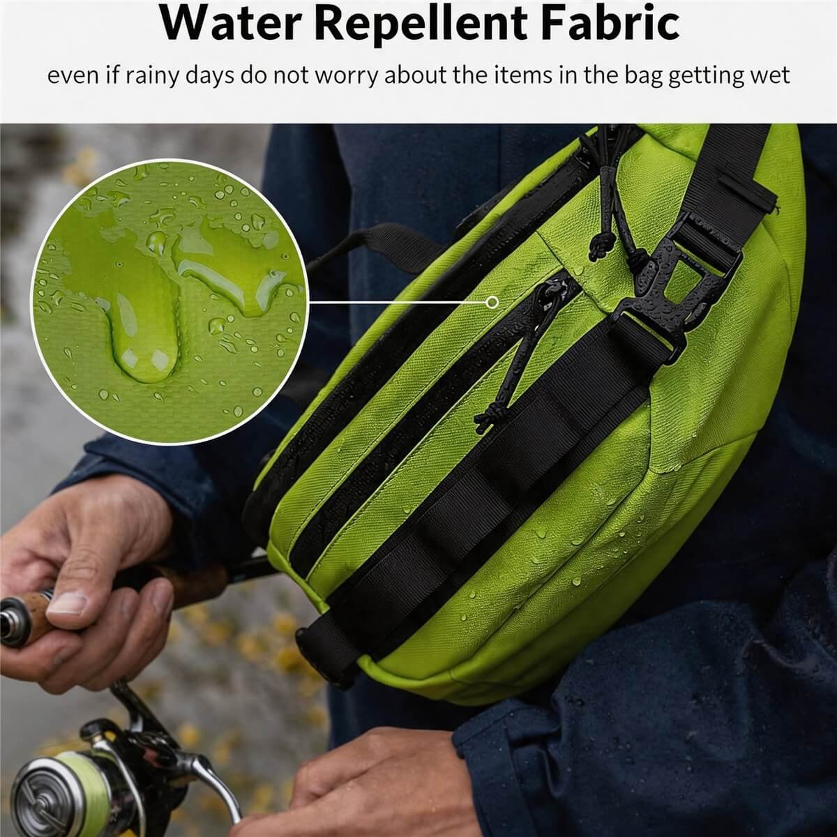 Water-repellent Fishing Sling Bag - Fmosbag - Oem Bag Manufacturer & Custom Bag Factory Water Repellent Fishing Sling Bag in Fluorescent Green Worn Crossbody, Angler Holding a Lure Rod, Water Droplets on Fabric - Fmosbag - Oem Bag Manufacturer & Custom Bag Factory