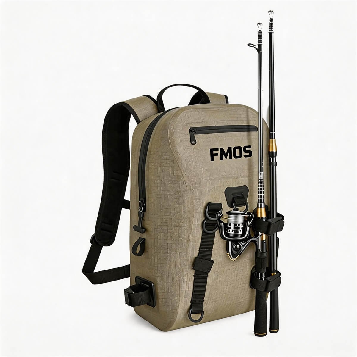Fly Fishing Backpack Ipx7 Waterproof Front View - Fmosbag - Oem Bag Manufacturer & Custom Bag Factory Fly Fishing Backpack in Khaki, Ipx7 Submersible Waterproof, 420d Nylon Double Tpu, Front Molle Webbing, D-rings, Removable Rod Holder with Two Rods and Spinning Reel, Side Pocket - Fmosbag - Oem Bag Manufacturer & Custom Bag Factory
