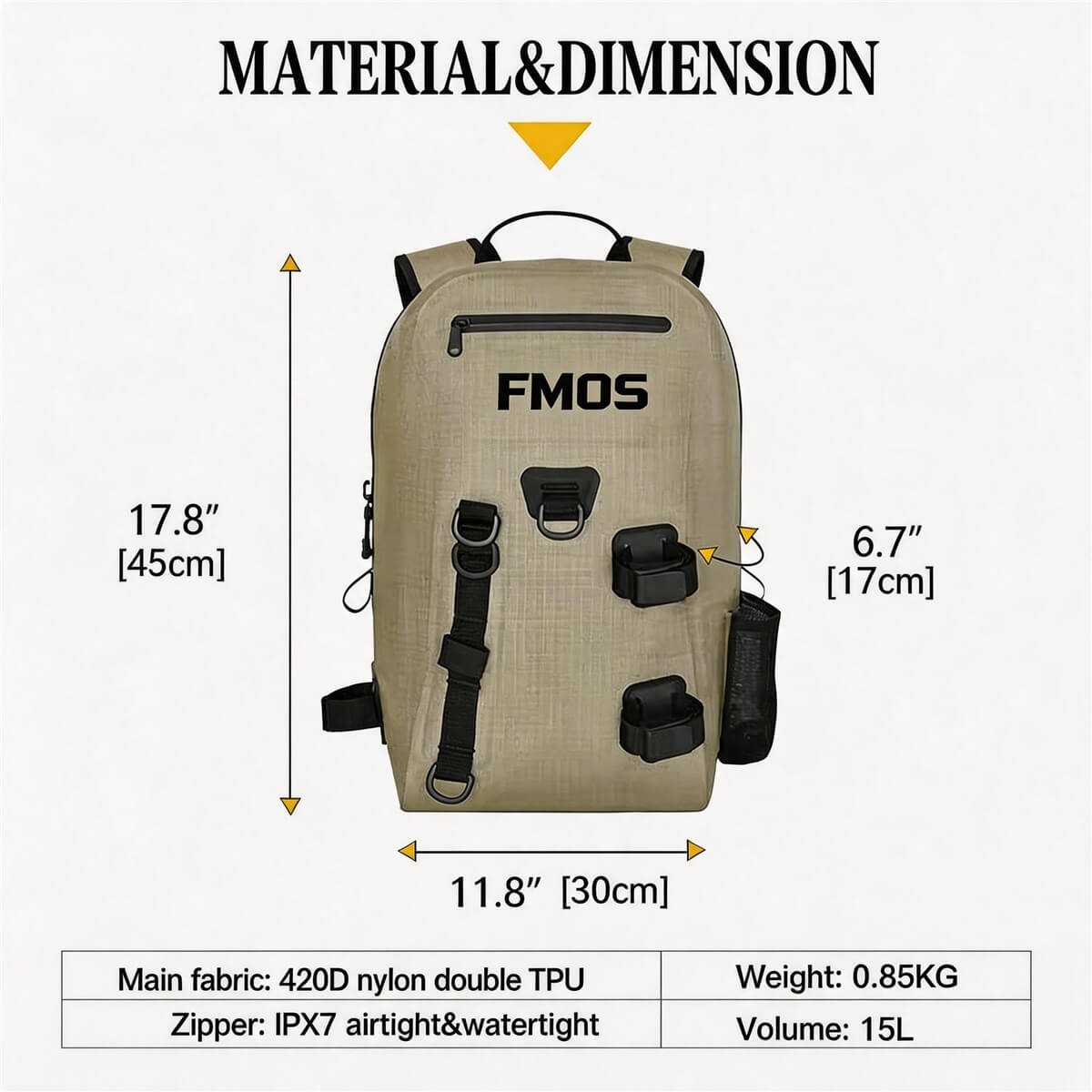 Fly Fishing Backpack Material & Dimensions - Fmosbag - Oem Bag Manufacturer & Custom Bag Factory Fly Fishing Backpack Dimensions 45x30x17cm, 15l Volume, 0.85kg Weight, 420d Nylon Double Tpu, Ipx7 Airtight Watertight Zipper - Fmosbag - Oem Bag Manufacturer & Custom Bag Factory