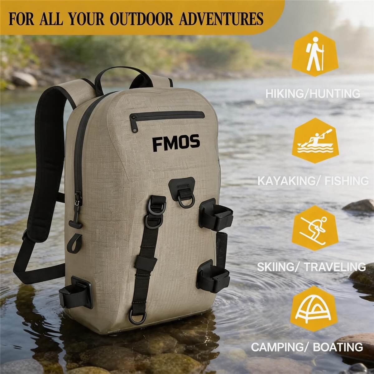 Waterproof Dry Bag for All Outdoor Adventures - Fmosbag - Oem Bag Manufacturer & Custom Bag Factory Waterproof Dry Bag Standing in a Rocky River, for Hiking Hunting, Kayaking Fishing, Skiing Traveling, Camping Boating, Khaki Ipx7 Backpack - Fmosbag - Oem Bag Manufacturer & Custom Bag Factory