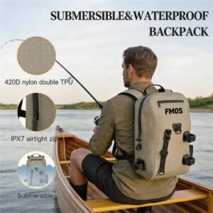 Submersible Waterproof Backpack Canoe Fishing - Fmosbag - Oem Bag Manufacturer & Custom Bag Factory Submersible Waterproof Backpack Worn by Male Angler in a Wooden Canoe, 420d Nylon Double Tpu, Ipx7 Airtight Zip, Submersible, Khaki - Fmosbag - Oem Bag Manufacturer & Custom Bag Factory