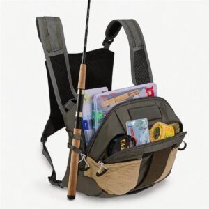 Fly Fishing Vest 3-in-1 Convertible Front View - Fmosbag - Oem Bag Manufacturer & Custom Bag Factory Fly Fishing Vest in Dark Grey, 3-in-1 Convertible Chest Rig, Front Open with 2 Tackle Boxes and Flies, Rod Fixing Strap, Breathable Shoulder Straps - Fmosbag - Oem Bag Manufacturer & Custom Bag Factory