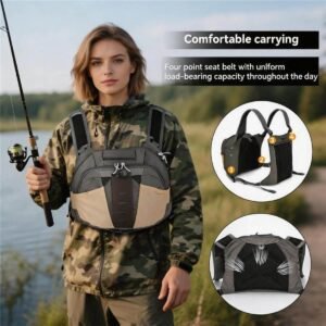 4-point Harness Fishing Vest Comfortable Carrying, Breathable Mesh Back Panel, Uniform Load Bearing, Female Angler Wading by River with Fly Rod - Fmosbag - Oem Bag Manufacturer & Custom Bag Factory