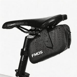 Road Bike Saddle Bags Waterproof Black Hard Shell Wedge Pack Mounted Under Wet Road Bike Saddle, Water Droplets on Bag, Seat Post and Saddle, White Fmos Logo, Cycling in Rain - Fmosbag - Oem Bag Manufacturer & Custom Bag Factory
