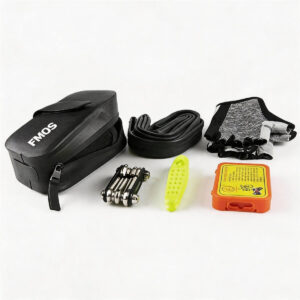 Saddle Bag with Repair Kit Contents Laid Out, Rolled Inner Tube, Black Half-finger Gloves, Folding Multi-tool, Neon Yellow Tire Lever, Orange Puncture Patch Box - Fmosbag - Oem Bag Manufacturer & Custom Bag Factory