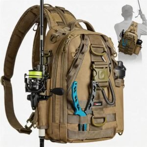 Fishing Sling Pack Full Gear Setup - Fmosbag - Oem Bag Manufacturer & Custom Bag Factory Fishing Sling Pack in Khaki with Spinning Rod and Reel Attached, Molle Webbing Holding Pliers and Lip Gripper, Side Water Bottle Pocket, Backpack Carry Silhouette - Fmosbag - Oem Bag Manufacturer & Custom Bag Factory