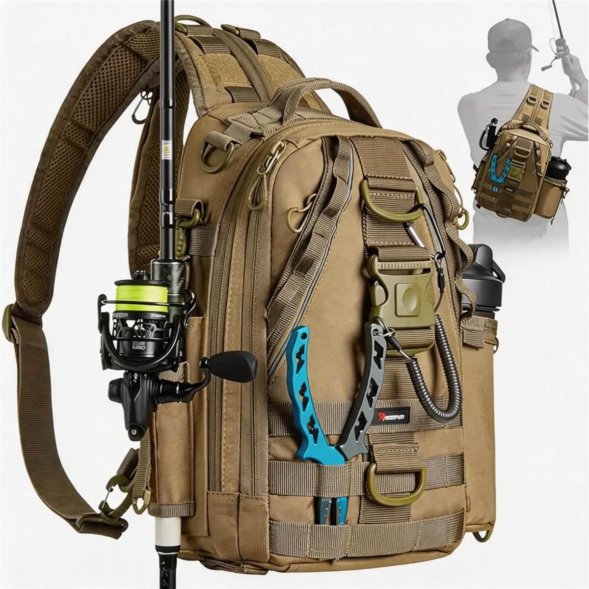 Fishing Sling Pack Full Gear Setup - Fmosbag - Oem Bag Manufacturer & Custom Bag Factory Fishing Sling Pack in Khaki with Spinning Rod and Reel Attached, Molle Webbing Holding Pliers and Lip Gripper, Side Water Bottle Pocket, Backpack Carry Silhouette - Fmosbag - Oem Bag Manufacturer & Custom Bag Factory