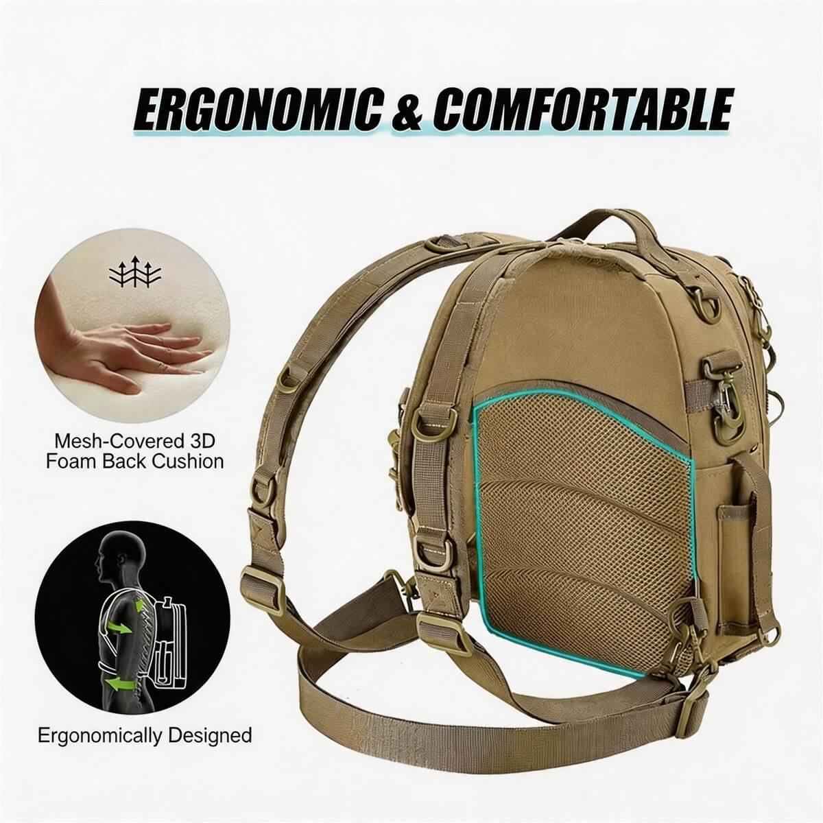 Fishing Sling Pack Ergonomic Back Panel - Fmosbag - Oem Bag Manufacturer & Custom Bag Factory Fishing Sling Pack Ergonomic Back Panel, Mesh-covered 3d Foam Back Cushion, Wide Breathable Shoulder Straps, Khaki, Comfortable Long Carry - Fmosbag - Oem Bag Manufacturer & Custom Bag Factory
