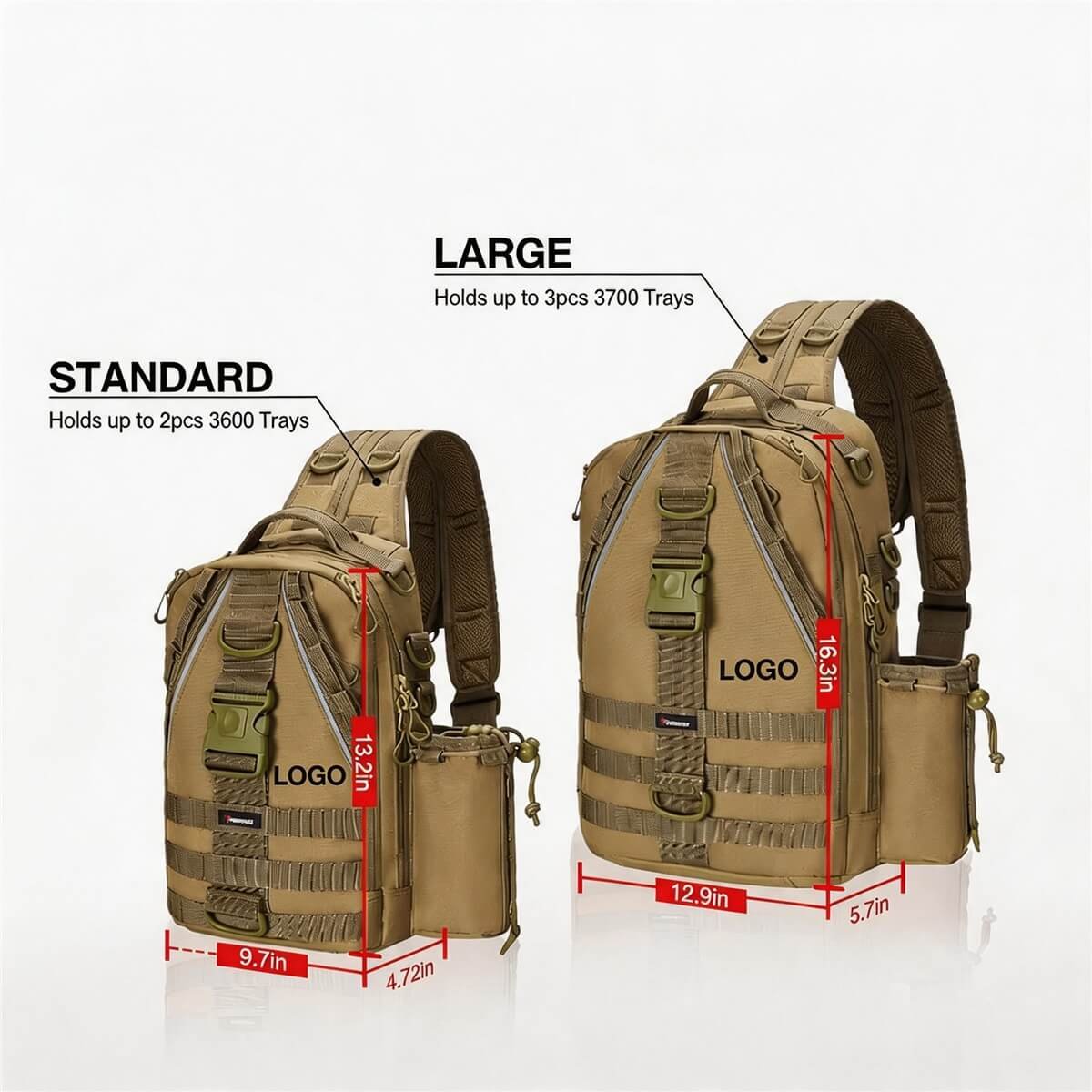 Fishing Tackle Backpack Standard Vs Large Size - Fmosbag - Oem Bag Manufacturer & Custom Bag Factory Fishing Tackle Backpack Size Comparison, Standard Holds 2x 3600 Trays 9.7x4.72x13.2in, Large Holds 3x 3700 Trays 12.9x5.7x16.3in, Khaki Molle - Fmosbag - Oem Bag Manufacturer & Custom Bag Factory