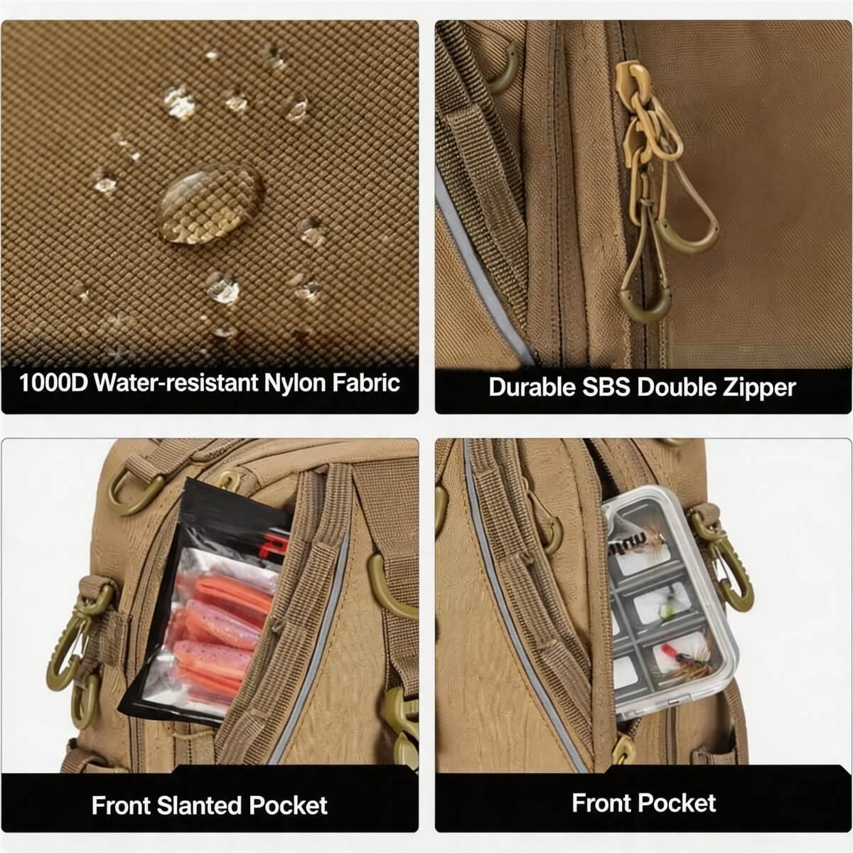 1000d Nylon Fishing Pack Material Details - Fmosbag - Oem Bag Manufacturer & Custom Bag Factory 1000d Water-resistant Nylon Fishing Pack Detail, Sbs Double Zipper, Front Slanted Pocket, Front Pocket, Khaki Fabric Close-up - Fmosbag - Oem Bag Manufacturer & Custom Bag Factory