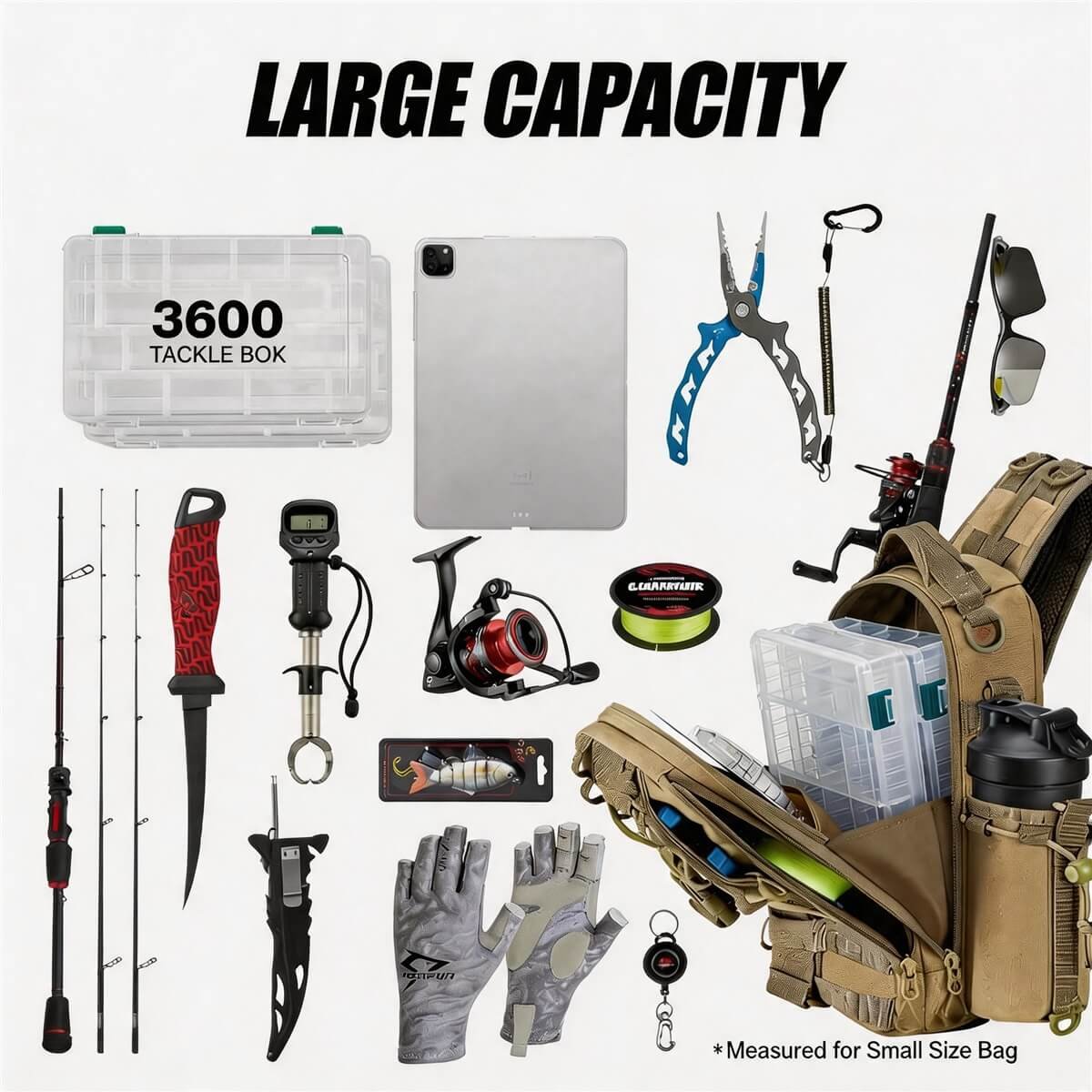 3600 Tackle Tray Fishing Bag Large Capacity - Fmosbag - Oem Bag Manufacturer & Custom Bag Factory 3600 Tackle Tray Fishing Bag Large Capacity, Open Pack Holding Tackle Boxes, Pliers, Rod, Reel, Gloves, Ipad and Fishing Accessories Flat Lay - Fmosbag - Oem Bag Manufacturer & Custom Bag Factory