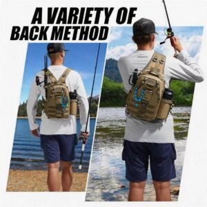 Fishing Sling Bag Backpack & Sling Carry - Fmosbag - Oem Bag Manufacturer & Custom Bag Factory Fishing Sling Bag Dual Carry Method, Backpack Carry on Lake Shore and Sling Carry in Stream, Male Angler in White Shirt and Cap, Khaki Pack - Fmosbag - Oem Bag Manufacturer & Custom Bag Factory