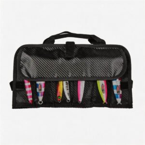 Fishing Lure Bag Foldable Roll-up Front View - Fmosbag - Oem Bag Manufacturer & Custom Bag Factory Fishing Lure Bag in Black Carbon Fiber Pattern, Foldable Roll-up Bait Organizer, Front Transparent Mesh Pockets with Colorful Jigs, Top Webbing Handle, Hook and Loop Flap - Fmosbag - Oem Bag Manufacturer & Custom Bag Factory