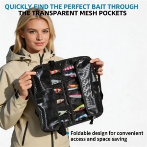Foldable Bait Organizer Roll Held by Female Angler, Transparent Mesh Pockets with Colorful Lures, Quick Bait Access, Space Saving Foldable Design - Fmosbag - Oem Bag Manufacturer & Custom Bag Factory