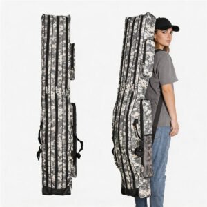 Woman Carrying a 150cm Fishing Rod Case for Travel As a Backpack, Next to the Bag Standing Alone - Fmosbag - Oem Bag Manufacturer & Custom Bag Factory